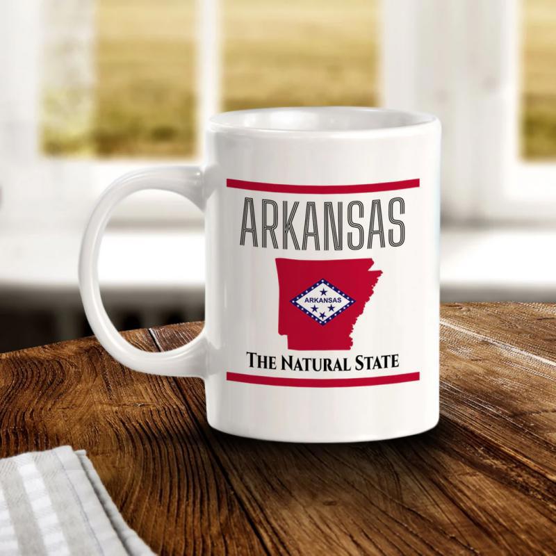 Tailorly White Ceramic 11 oz Mug - Arkansas The Natural State Rustic Red Map Silhouette With Diamond Symbol Framed By Crimson Stripes Map