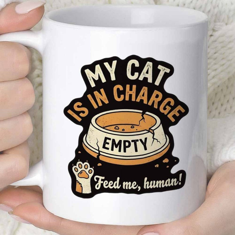 Tailorly White Ceramic 11 oz Mug - My Cat Is In Charge Empty Feed Me Human Distressed Ceramic Dish With Animal Paw Print Illustration Bowl
