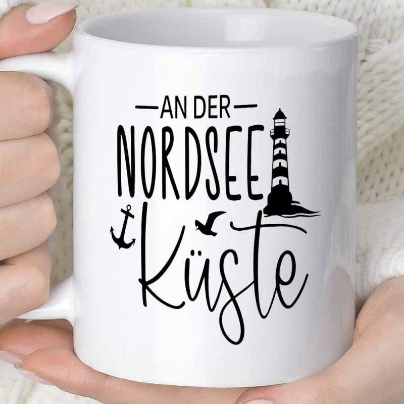 Tailorly White Ceramic 11 oz Mug - Coastal Nautical Scene With A Tall Striped Beacon And Flying Ocean Seagull Lighthouse