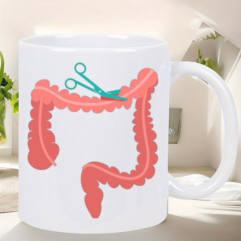 Tailorly White Ceramic 11 oz Mug - Pink Anatomical Intestine Section Being Cut By Professional Medical Surgical Scissors Colon