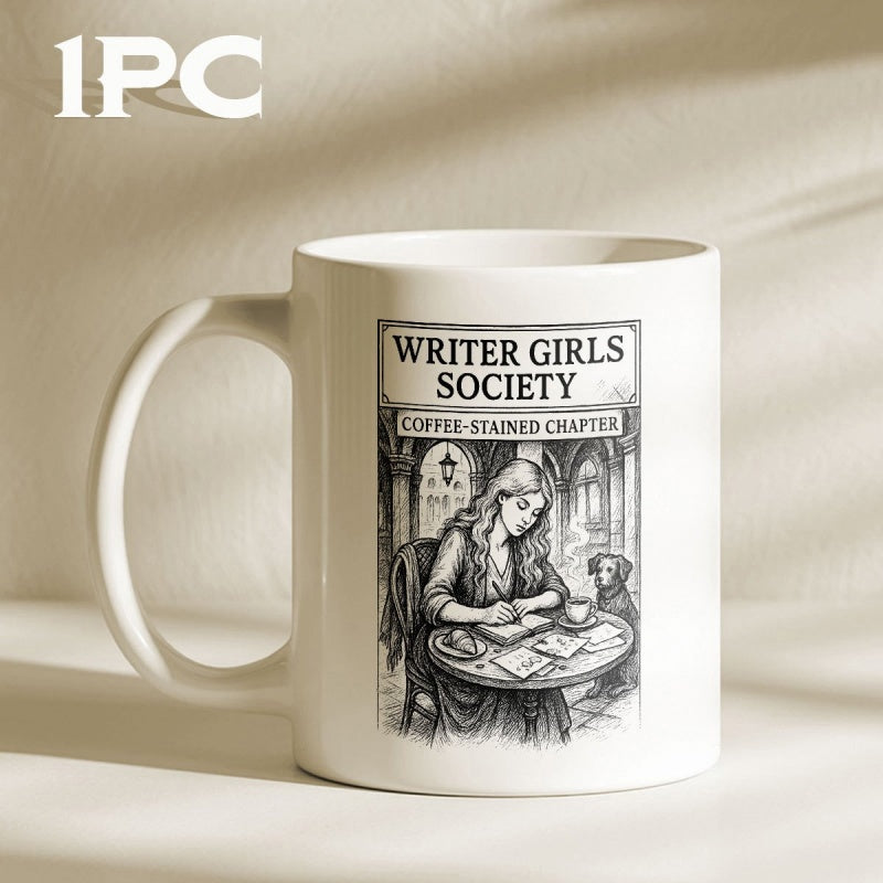 Tailorly White Ceramic 11 oz Mug - Writer Girls Society Copper Stained Chapter Vintage Sketch Of A Woman Sitting At A Cafe Writing Serene Woman
