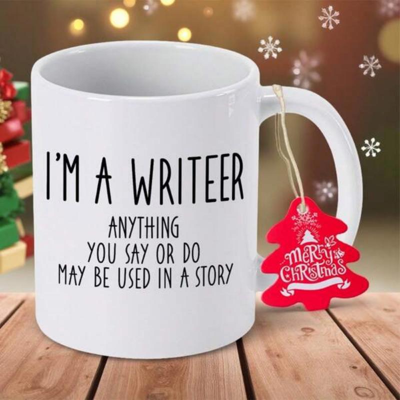 Tailorly White Ceramic 11 oz Mug - Im A Writeer Anything You Say Or Do May Be Used In A Story Merry Christmas Simple White Ceramic Cup Resting On A Rustic Wooden