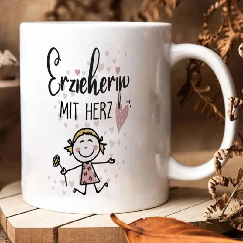 Tailorly White Ceramic 11 oz Mug - Hand Drawn Smiling Little Figure Holding A Flower Among Floating Hearts Girl