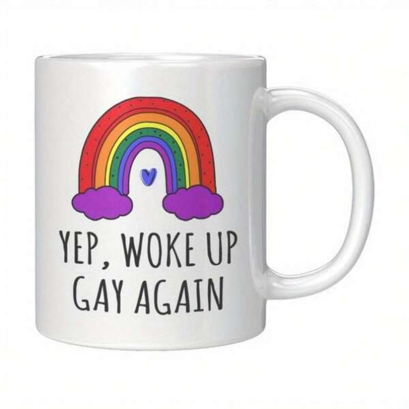 Tailorly White Ceramic 11 oz Mug - Yep Woke Up Gay Again Colorful Vibrant Arc Above Purple Soft Fluffy Clouds Rainbow