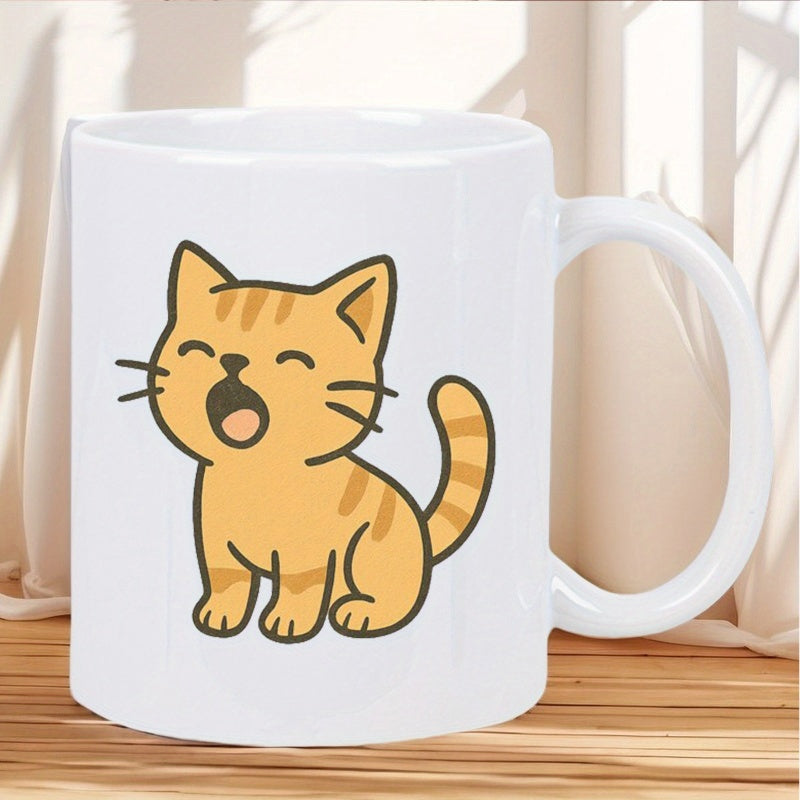Tailorly White Ceramic 11 oz Mug - Adorable Orange Striped Meowing Feline With A Joyful Expression Cat