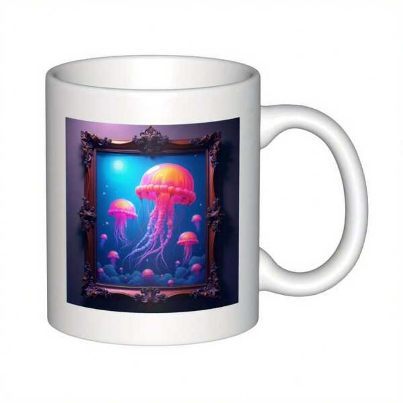 Tailorly White Ceramic 11 oz Mug - Vibrant Glowing Pink Jellyfish Swimming In Deep Blue Ocean Artistic Frame Jellyfish