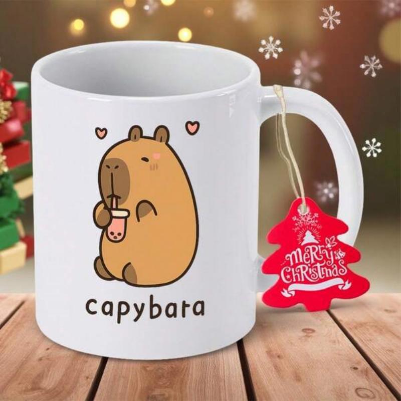 Tailorly White Ceramic 11 oz Mug - Capybara Merry Christmas Adorable Brown Animal Sipping Sweet Boba Milk Tea Capybara