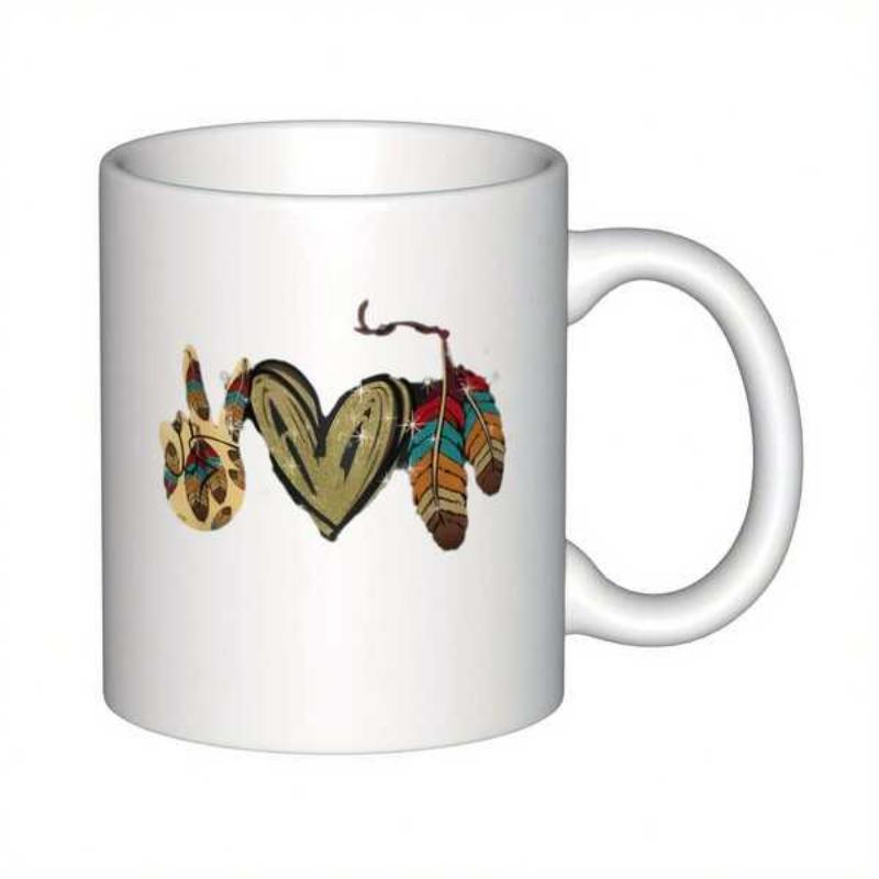 Tailorly White Ceramic 11 oz Mug - Peace Sign Heart And Colorful Tribal Style Patterned Feather