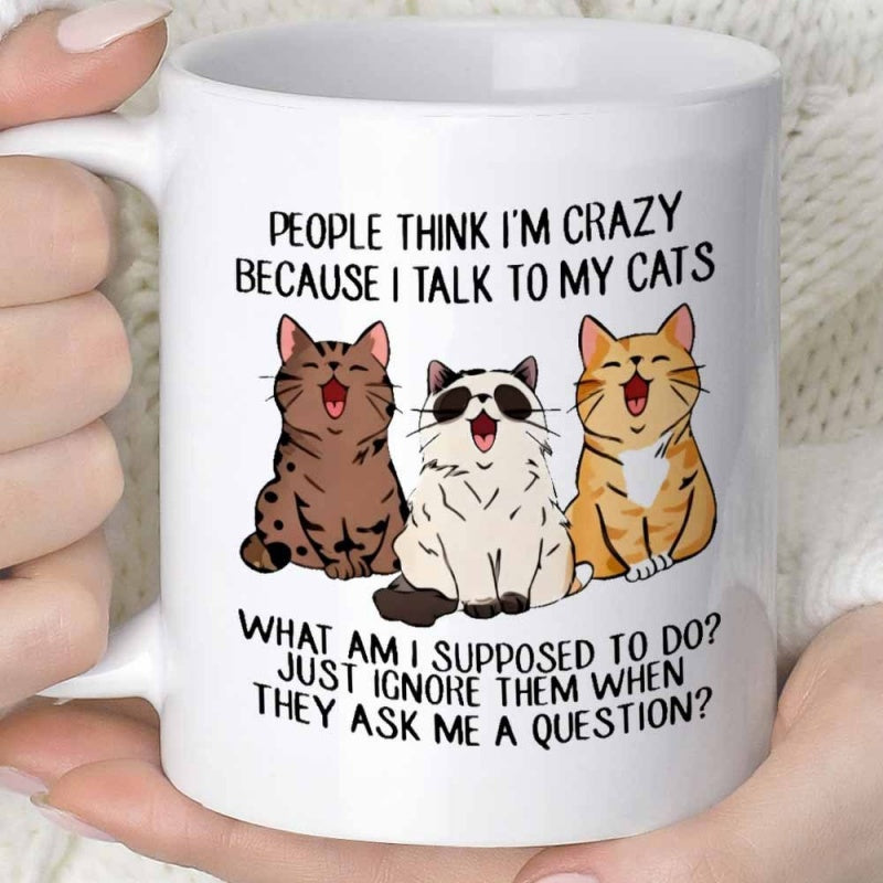 Tailorly White Ceramic 11 oz Mug - People Think Im Crazy Because I Talk To My Cats What Am I Supposed To Do Just Ignore Them When They Ask Me A Question Three