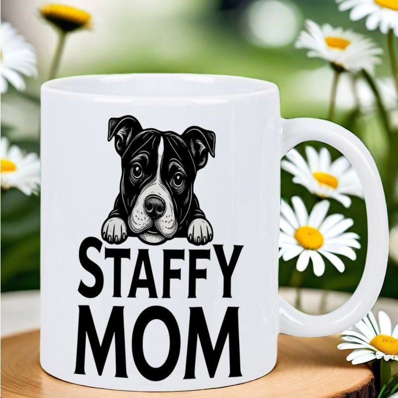 Tailorly White Ceramic 11 oz Mug - Staffy Mom Adorable Black And White Staffordshire Bull Terrier Peeking With Sweet Eyes Dog