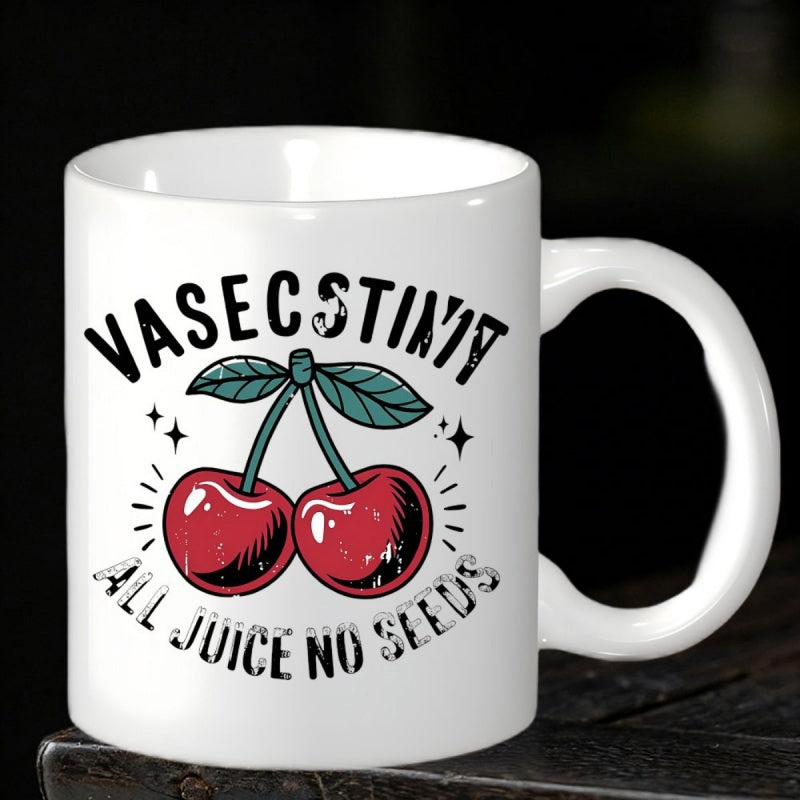 Tailorly White Ceramic 11 oz Mug - Vasectomy All Juice No Seeds Fresh Red Cherries With Green Leaves And Sparkling Rays Design Cherry