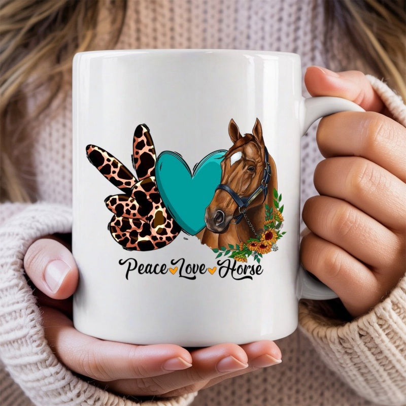 Tailorly White Ceramic 11 oz Mug - Peace Love Horse Leopard Pattern Peace Sign Teal Heart And Brown Realistic Floral Horse