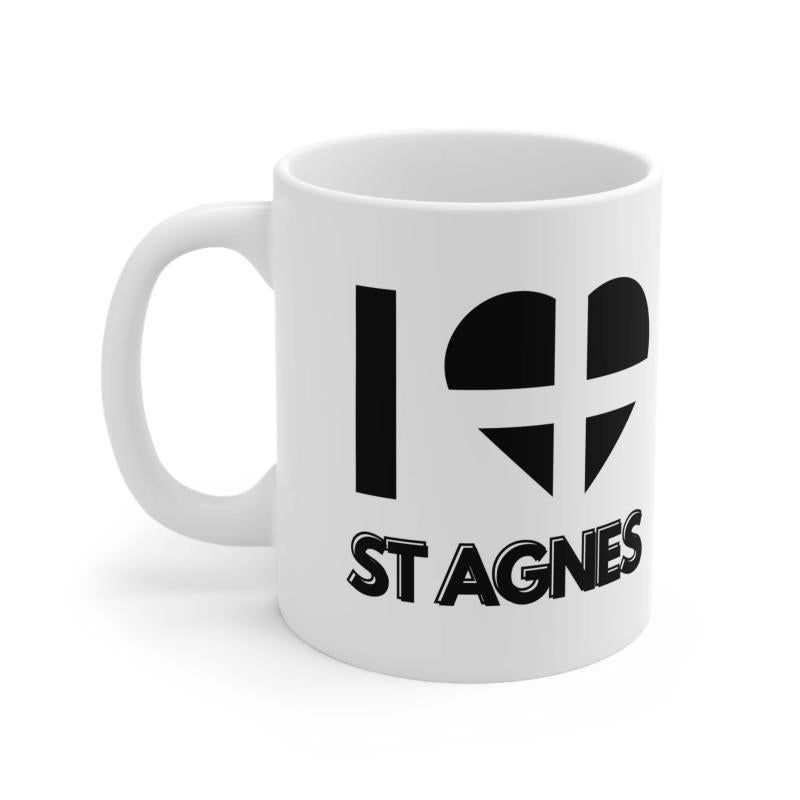 Tailorly White Ceramic 11 oz Mug - I St Agnes Bold Minimalist Heart Featuring Iconic White Cross Symbol Mug