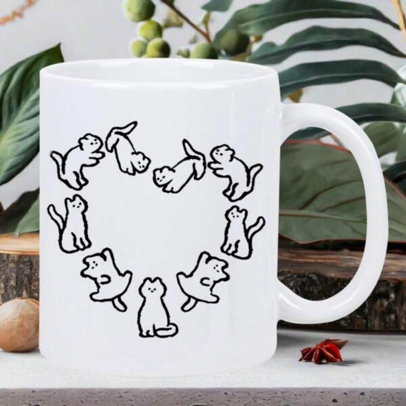 Tailorly White Ceramic 11 oz Mug - Minimalist Playful Kittens Dancing Together In A Sweet Symbolic Heart Shape Cat