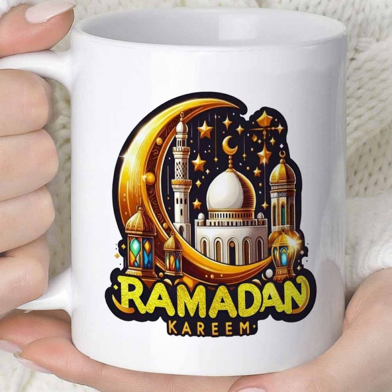 Tailorly White Ceramic 11 oz Mug - Ramadan Kareem Golden Crescent Moon With Stars Surrounding A White Elegant Mosque