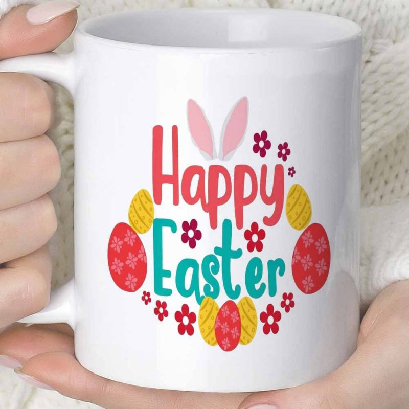 Tailorly White Ceramic 11 oz Mug - Happy Easter Festive Colorful Patterned Eggs With Cute Pink Ears And Flowers Rabbit