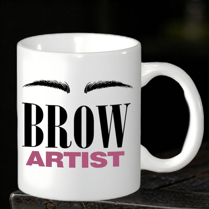 Tailorly White Ceramic 11 oz Mug - Brow Artist Sleek Stylized Black Human Facial Features Representing Arched Groomed Eyebrows