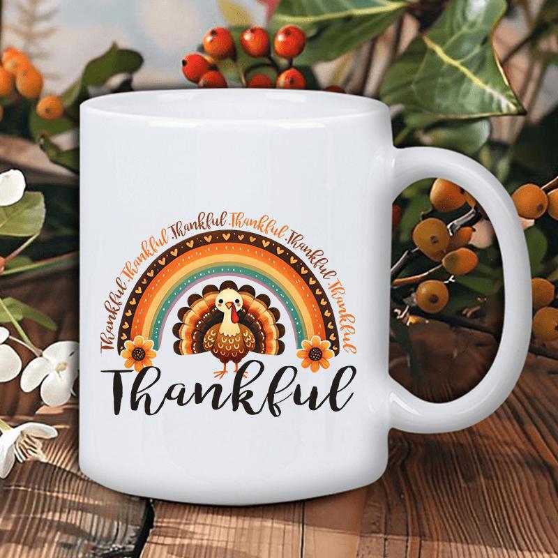 Tailorly White Ceramic 11 oz Mug - Thankful Festive Thanksgiving Rainbow Arches Surrounded By Golden Blooming Sunflowers Turkey
