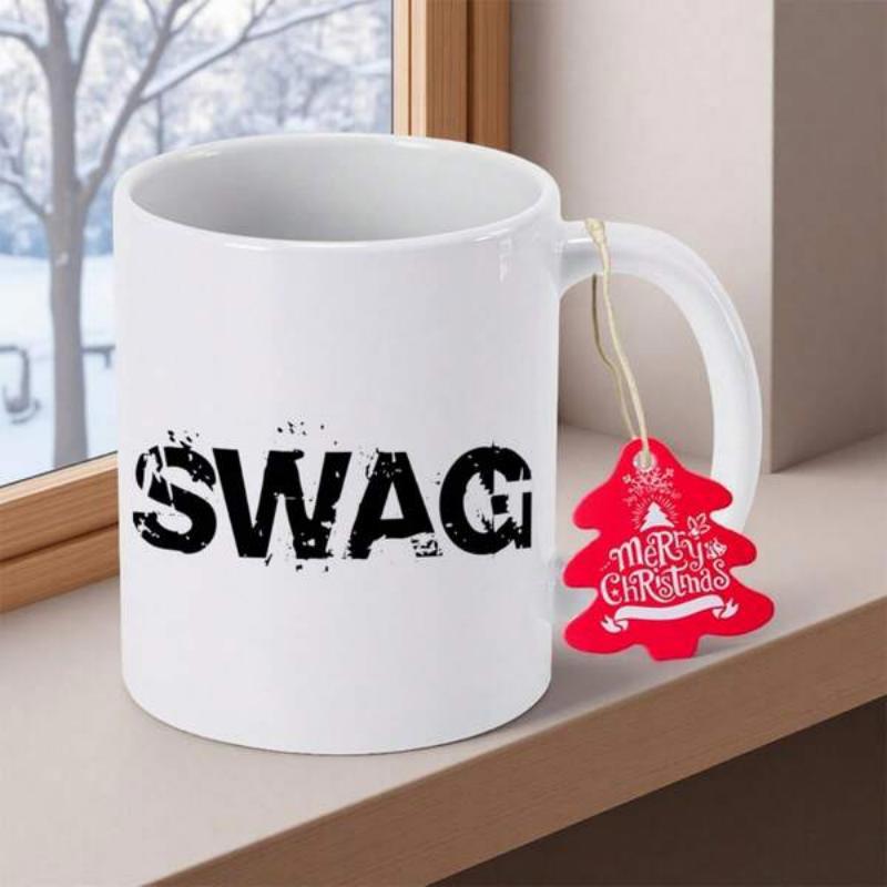 Tailorly White Ceramic 11 oz Mug - Swag Merry Christmas Pure With Distressed Lettering On Wooden Ledge Mug