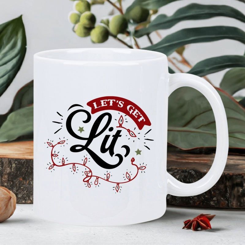 Tailorly White Ceramic 11 oz Mug - Lets Get Lit Festive Christmas String Lights Twinkling Stars Decorative Red Banner Lights