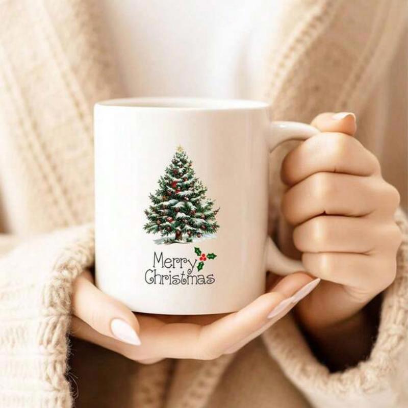 Tailorly White Ceramic 11 oz Mug - Merry Christmas Snowy Green Evergreen Decorated With Red Holly Berries Winter Pine Tree