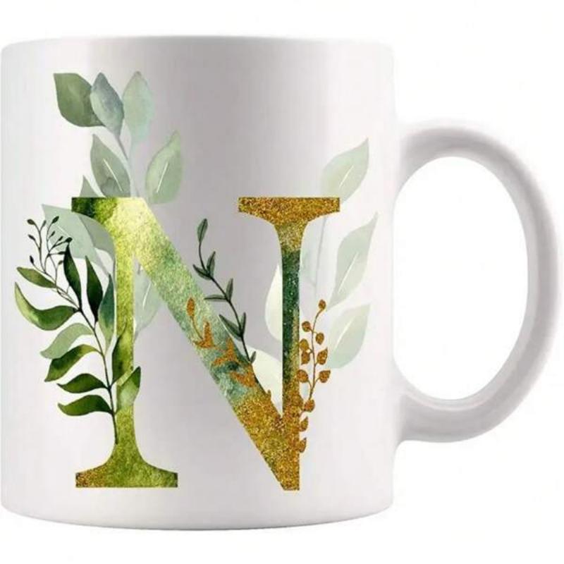 Tailorly White Ceramic 11 oz Mug - N Elegant Golden Texture Surrounded By Delicate Green Watercolor Leaves Letter