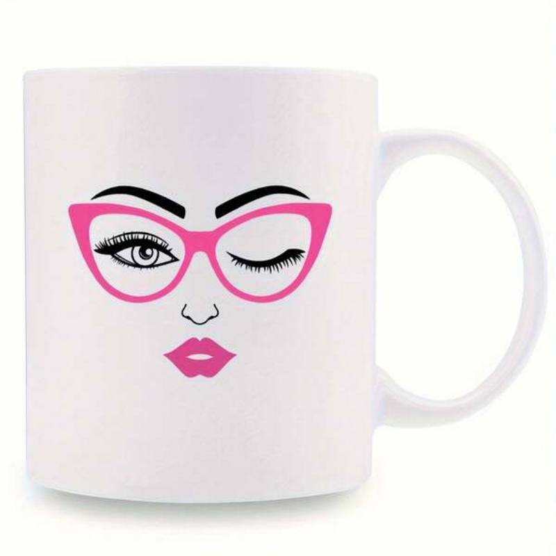 Tailorly White Ceramic 11 oz Mug - Minimalist Feminine Face Featuring Pink Cat Eye Glasses And Winking Eye Face