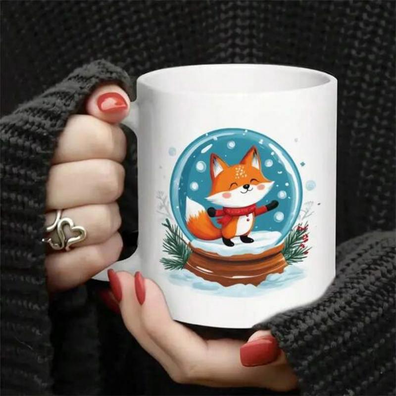 Tailorly White Ceramic 11 oz Mug - Cute Little Animal Wearing Red Scarf Inside Snowy Glass Globe Fox