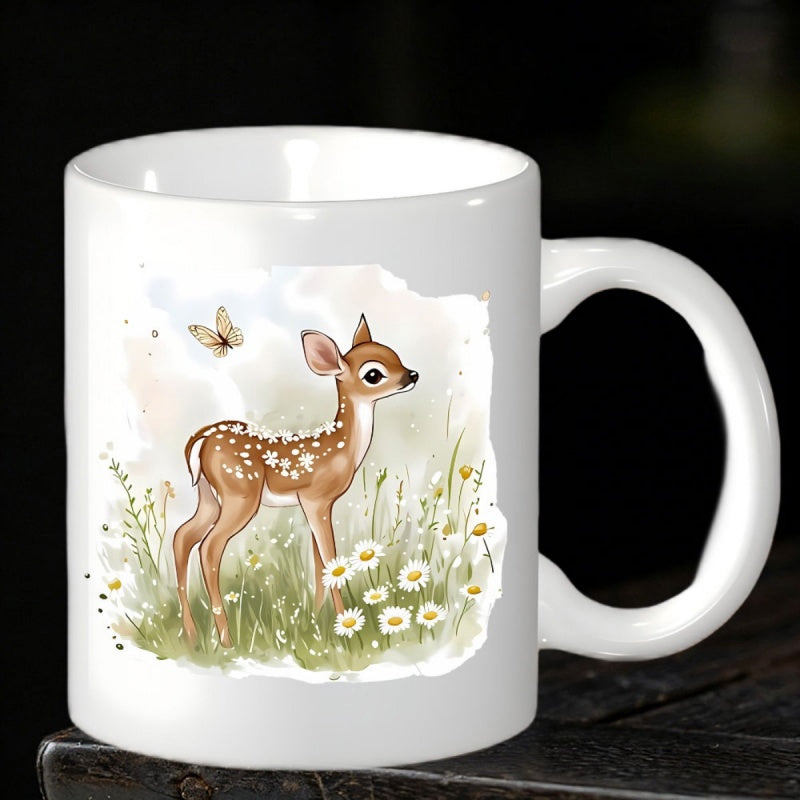 Tailorly White Ceramic 11 oz Mug - Graceful Watercolor Fawn Standing Among Wild White Daisies Within A Sunny Meadow Deer
