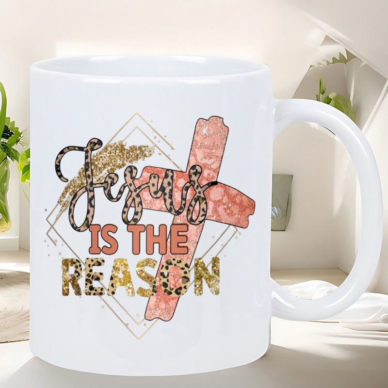 Tailorly White Ceramic 11 oz Mug - Jesus Is The Reason Elegant Pink Textured Cross With Leopard Patterns And Golden Glitter Geometric Accents Cross
