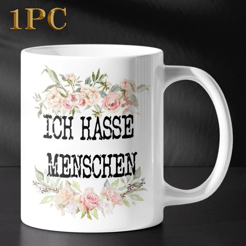 Tailorly White Ceramic 11 oz Mug - Soft Pink Watercolor Roses And Delicate Green Leaves In Circular Arrangement Flower