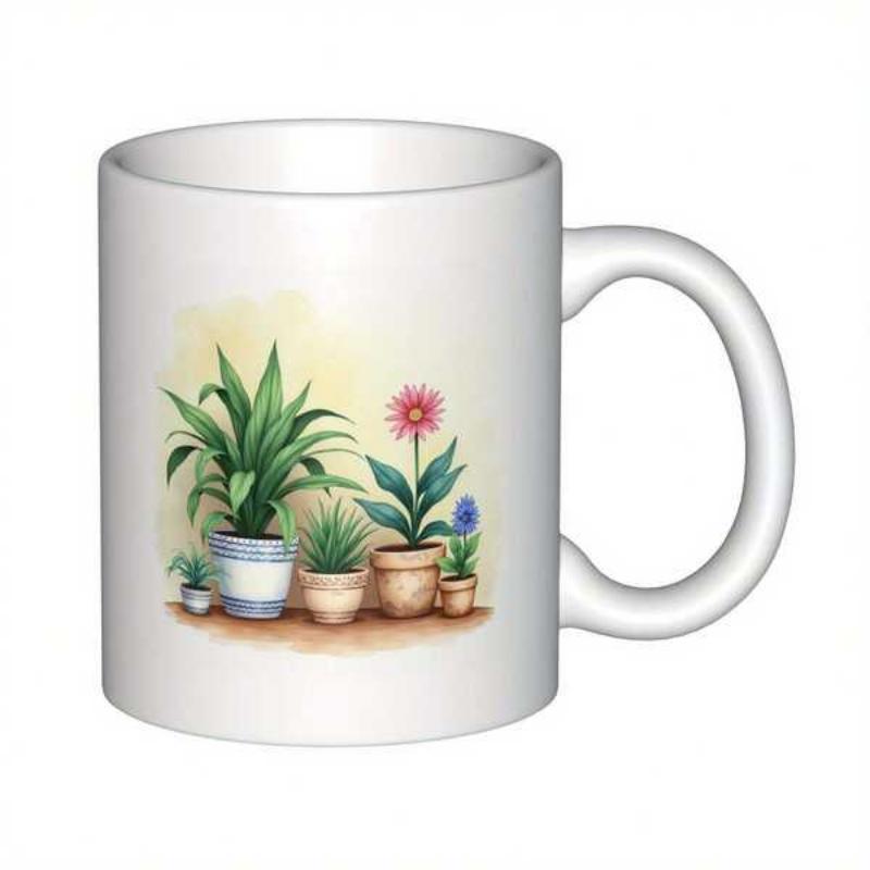 Tailorly White Ceramic 11 oz Mug - Hand Painted Watercolor Potted Greenery Among Colorful Blooming Floral Garden Plant