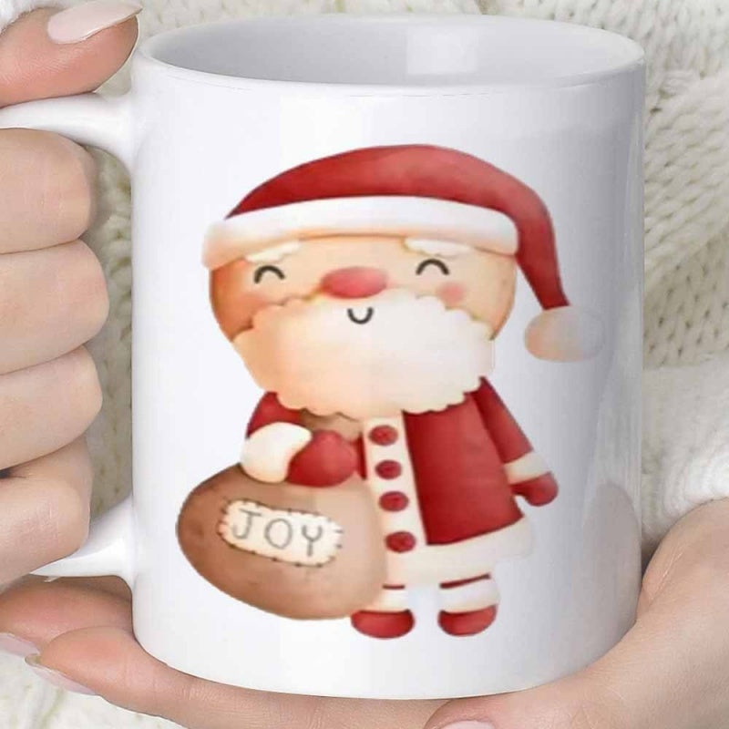 Tailorly White Ceramic 11 oz Mug - Joy Cute Watercolor Illustration Of Smiling Christmas Character Holding Gift Sack Santa Claus