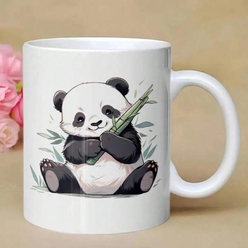 Tailorly White Ceramic 11 oz Mug - Hand Drawn Cartoon Panda Holding A Green Bamboo Stalk Among Leaves Panda