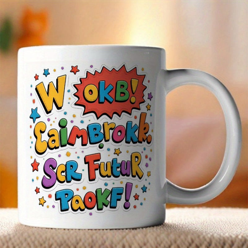 Tailorly White Ceramic 11 oz Mug - Vibrant Colorful Bubble Letters Among Shooting Stars And Comic Burst Graphic Pattern