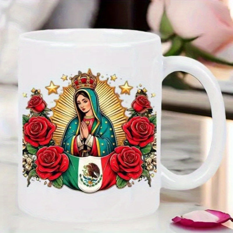 Tailorly White Ceramic 11 oz Mug - Majestic Religious Icon Surrounded By Radiant Stars And Vibrant Red Roses Virgin Mary