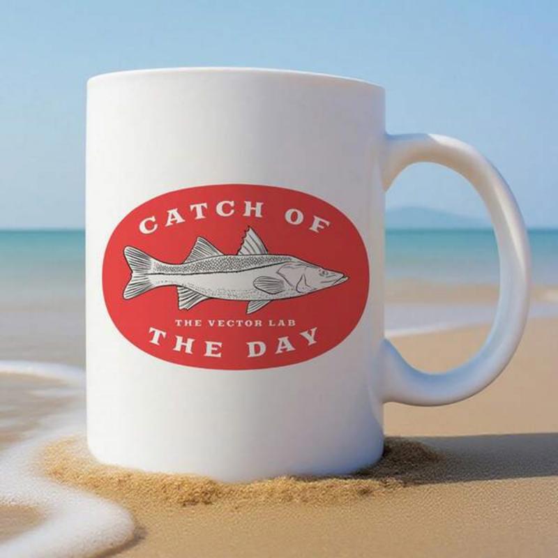 Tailorly White Ceramic 11 oz Mug - Catch Of The Day Vintage Style Red Oval Badge With Hand Drawn Detailed Swimming Nautical Fish