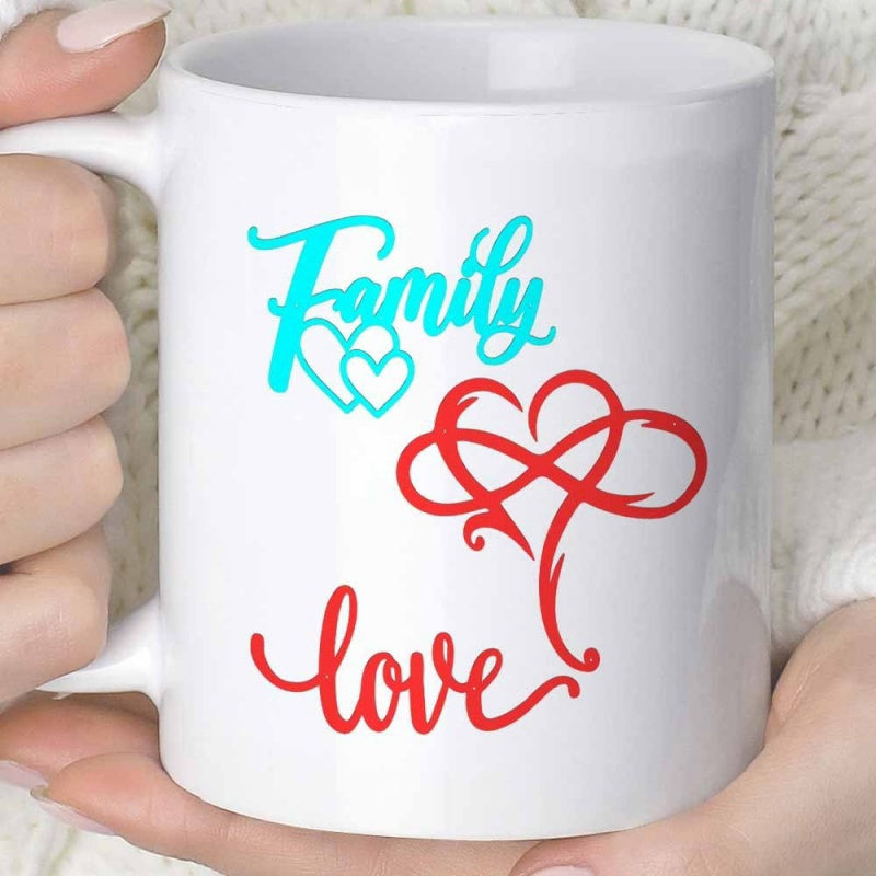 Tailorly White Ceramic 11 oz Mug - Family Love Elegant Script Letters Intertwining With An Infinity Symbol And Floating Hearts Heart