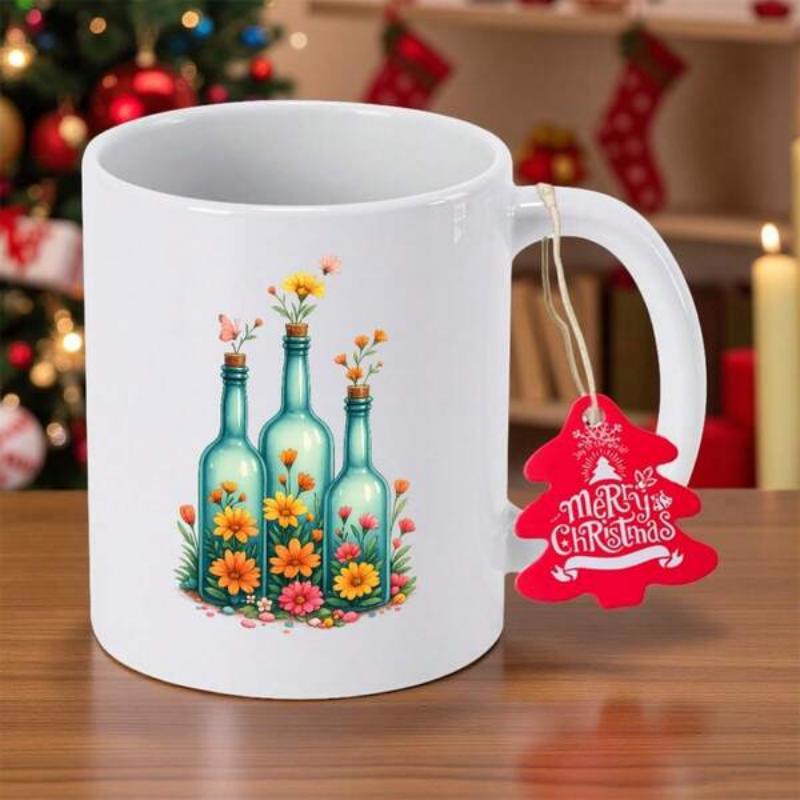 Tailorly White Ceramic 11 oz Mug - Colorful Summer Wildflowers Nestled Within Vintage Teal Glass Vases Flower