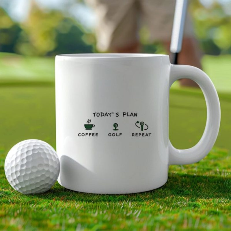 Tailorly White Ceramic 11 oz Mug - Todays Plan Coffee Golf Repeat Minimalist Symbols On A Clean Surface Near A Sports Ball Mug