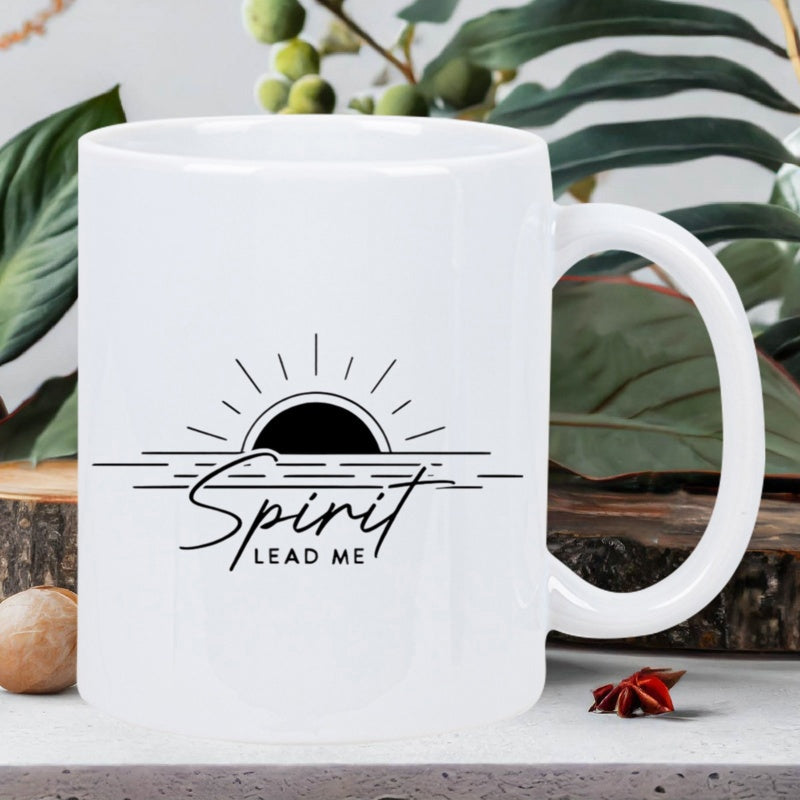 Tailorly White Ceramic 11 oz Mug - Spirit Lead Me Minimalist Rising Sun With Radiating Beams Above Horizontal Water Lines Mug