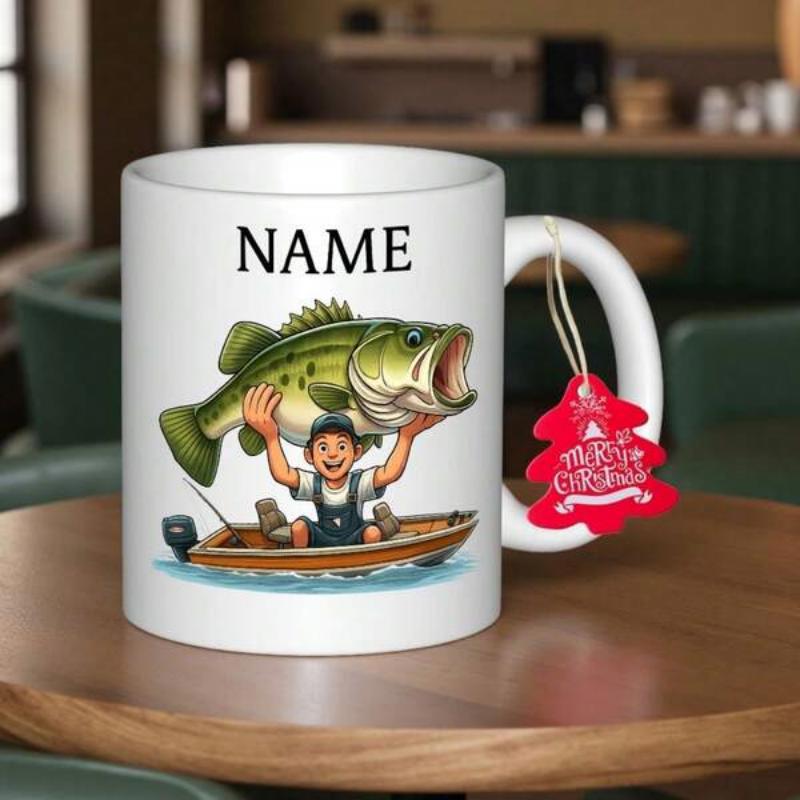 Tailorly White Ceramic 11 oz Mug - Name Merry Christmas Happy Young Fisherman In A Small Boat Lifting A Giant Green Bass
