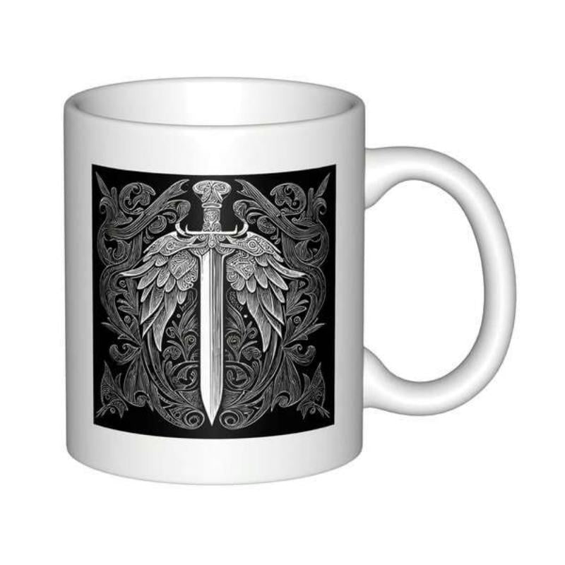 Tailorly White Ceramic 11 oz Mug - Ornate Gothic Blade Featuring Angelic Wings Among Intricate Filigree Scrollwork Background Sword