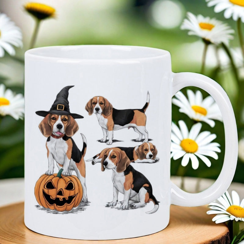 Tailorly White Ceramic 11 oz Mug - Adorable Beagle Puppy Wearing Witch Hat Standing On Spooky Halloween Pumpkin Beagle