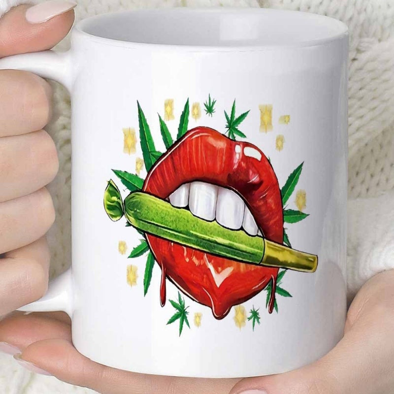 Tailorly White Ceramic 11 oz Mug - Glossy Red Biting Green Rolled Joint Surrounded By Marijuana Leaves Lips