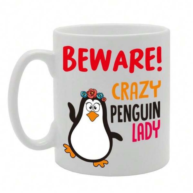 Tailorly White Ceramic 11 oz Mug - Beware Crazy Penguin Lady Happy Cartoon Bird Wearing Floral Headband Waving In Joyful Pose Penguin