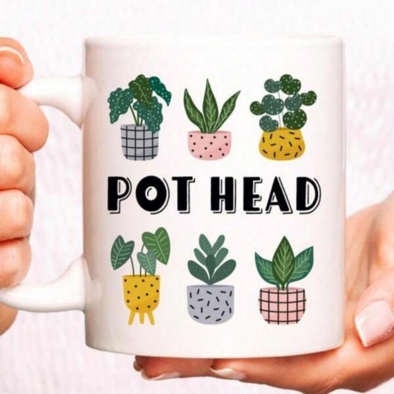 Tailorly White Ceramic 11 oz Mug - Pot Head Artistic Green Potted Succulents Arranged In Colorful Decorative Clay Pots Plant