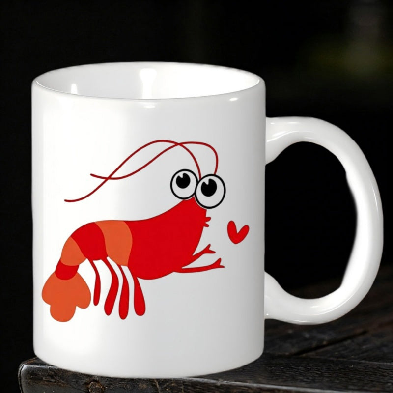 Tailorly White Ceramic 11 oz Mug - Cartoonish Red Shrimp With Large Eyes And Tiny Red Floating Heart Shrimp