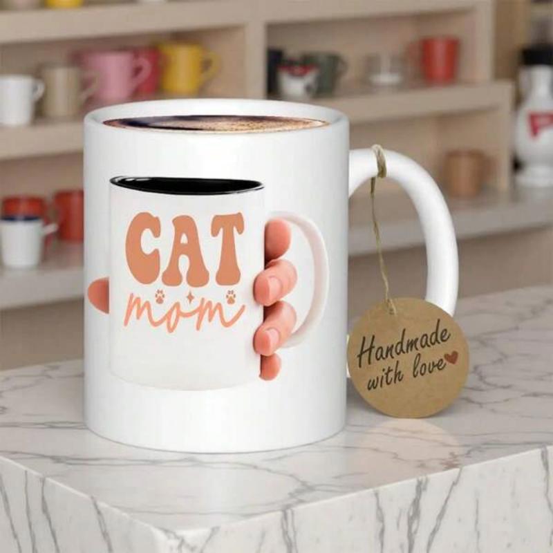 Tailorly White Ceramic 11 oz Mug - Cat Mom Human Hand Holding Small Cup With Retro Style Warm Graphics Mug