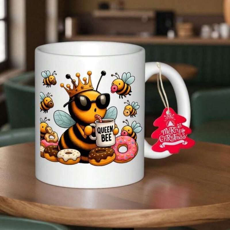 Tailorly White Ceramic 11 oz Mug - Queen Bee Crowned Cartoon Character With Sunglasses And Sweet Delicious Colorful Donuts Bee